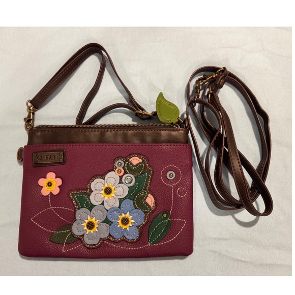 Chala Handbags Handbags - Chala Plum Purple Floral Applique Crossbody Bag Vegan Leather Small Messenger